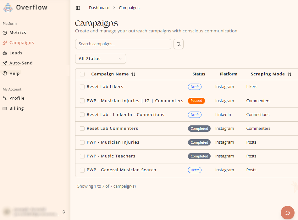 Overflow campaigns screen